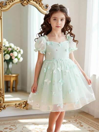 SHEIN Glamorique Kids Young Girl' Princess Dress, 3D Butterfly & Floral Mesh Dress, Green Tulle Dress, Puff Sleeves, Birthday Party, Wedding Holiday Formal Gown