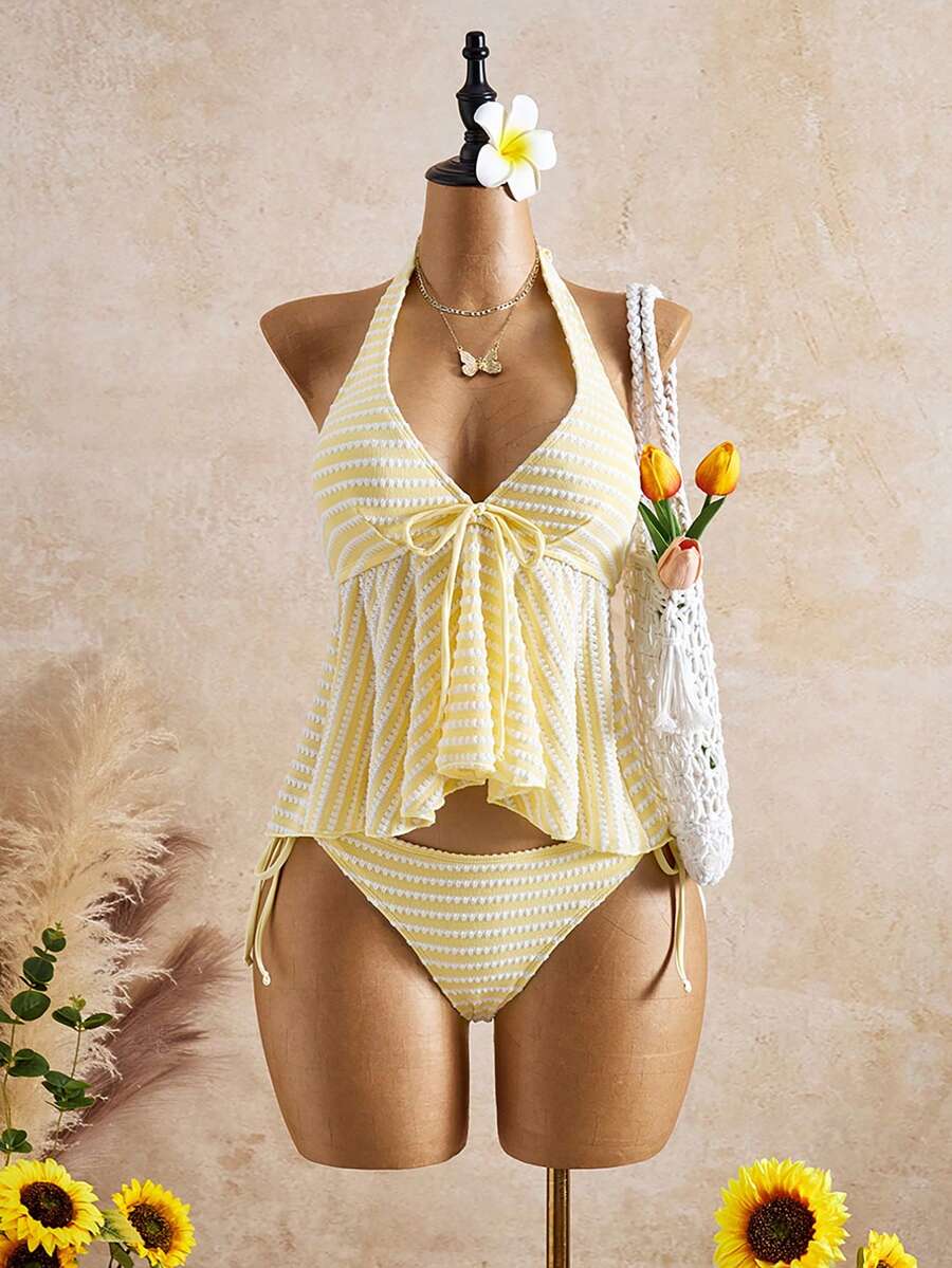 Bellisia Nuevo traje de baño tipo tankini con tirantes y rayas amarillas y blancas para el verano 2026, estilizador y favorecedor para vacaciones en la playa - Amarillo claro - Ver 1