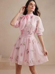 Anewsta Elegant French Style Sweet Bow Tie Waist Niche Design Dress For Women - Pink - View 4