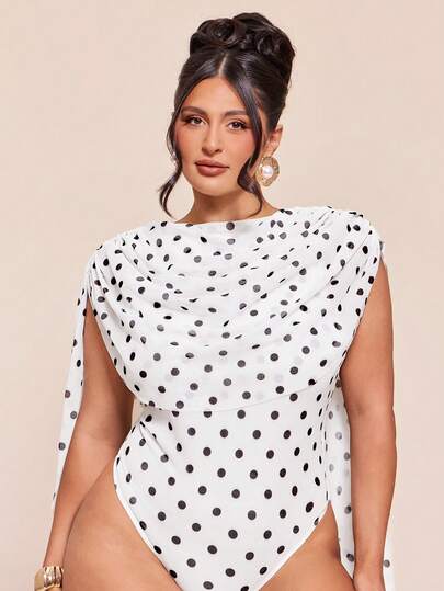 SHEIN BAE Plus Size Women's Black Polka Dot Print Tie Waist Bodysuit, Suitable For Graduation Party, Formal Occasions, Cocktail Party, Romantic Date, Gathering, Nightclub, Formal Events