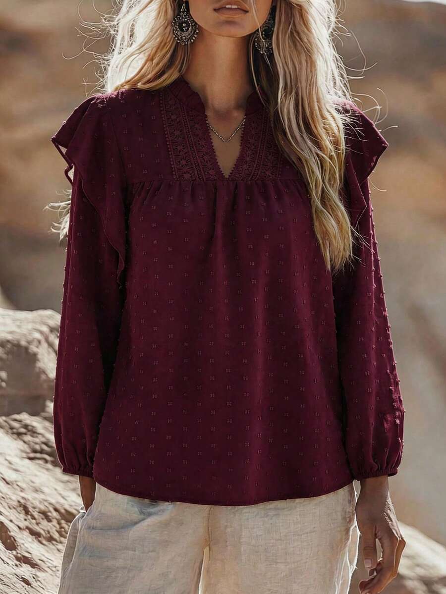 SHEIN Holidaya 瑞士圆点荷叶边灯笼袖衬衫，女士休闲撞色蕾丝、荷叶边、荷叶边长袖缺口常规版型常规酒红色主教袖上衣女士衬衫，春季/秋季，职业/商务装/工作服 - 酒紅色 - 查看 1