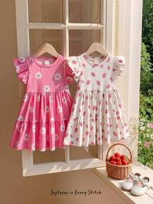 Cozy Pixies 2pcs Baby Girl Floral Print Knit Soft Round Neck Short Sleeve Cinched Waist Dress Set - Pink - View 8