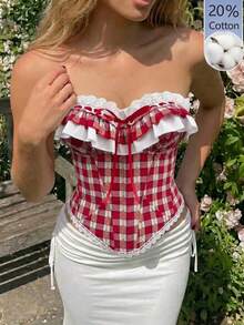 Glamine Charm Women's Fashionable Plaid Ruffle Hem Tube Top For Summer Corset Top Women Red Plaid Corset Top Western Corset Top - Red - View 3