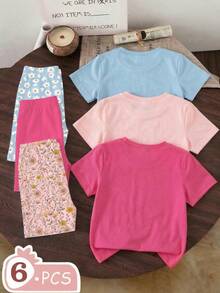 Elladie kids Bộ 6 món cho bé gái 4-7 tuổi, áo thun ngắn tay in hoa và quần dài, chất liệu nhẹ, thoải mái, phù hợp mặc hàng ngày, đi học, dự tiệc sinh nhật, dã ngoại, vui chơi ngoài trời vào mùa xuân, hè và thu. - Nhiều màu - Xem 2