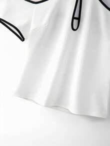 GlowEve CURVE Áo thun nữ cỡ lớn màu trơn phối tương phản, khoét lỗ, trễ vai, tay ngắn, màu trắng, kiểu dáng thường ngày, thích hợp cho mùa hè. - Đen và trắng - Xem 3
