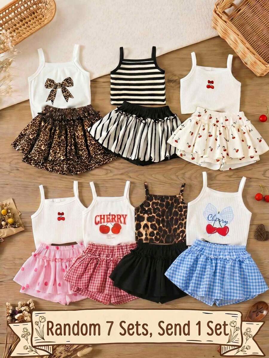 SHEIN 2pcs/Set Young Girls Summer Embroidered Knit Vest&Ditsy Floral Skirt Shorts,Casual Cute Cherry Leopard Gingham Print Camisole Top Matching Outfit Set - Multicolor - View 1