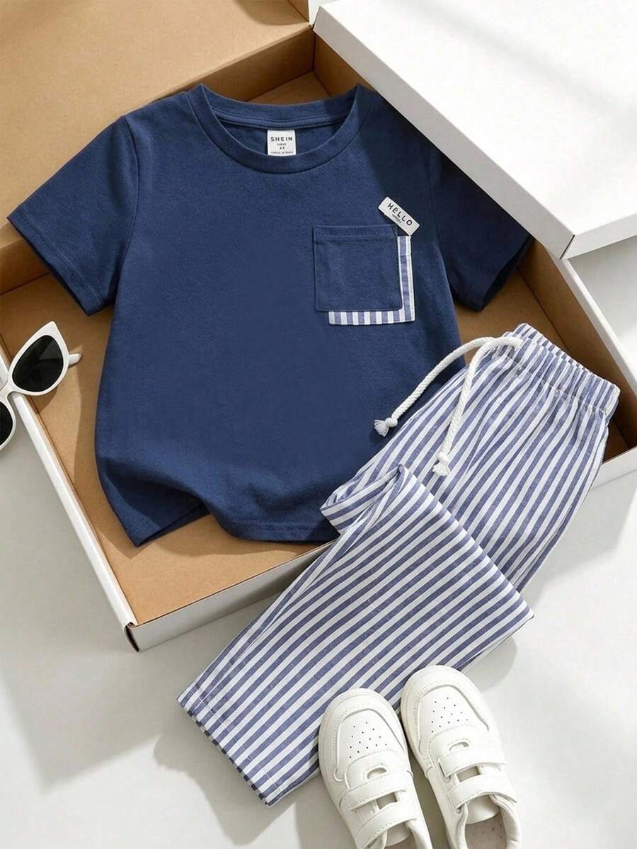 SHEIN 两件套儿童男童休闲条纹图案圆领套头T恤和纯色宽松长裤套装,适合上学、花园、海滩、生日等场合,春、夏、秋、冬皆宜。 - 彩色 - 查看 1
