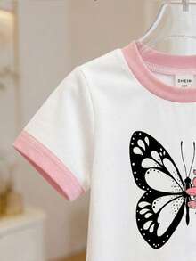 SHEIN Playful Pals 女嬰蝴蝶與花卉印花圓領白色短袖T恤可愛休閒夏季畢業季套頭上衣適用6個月-3歲 - 彩色 - 查看 3