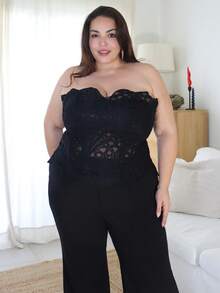 Pretty and Ole 大码女式鱼骨文胸，系带，Y2K 短款吊带背心，适合初秋、春夏季 - 黑色 - 查看 1