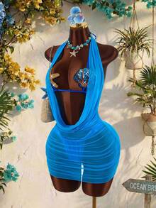 Amplova Bộ đồ bơi 3 món dành cho nữ với họa tiết sao biển và vỏ sò trên áo bikini, áo khoác ngoài cổ khăn choàng bằng lưới, gợi cảm và phá cách, phù hợp cho kỳ nghỉ, lễ hội âm nhạc, bộ sưu tập mới mùa xuân/hè. - Màu xanh lam - Xem 3