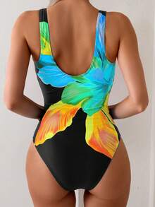 SHEIN Swim 女士连体多色大花卉图案圆领优雅高衩泳衣，夏季 - 綠色 - 查看 2
