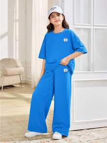 SHEIN Setelan 2 Potong untuk Anak Perempuan Remaja: Kaos Lengan Pendek Leher Bulat dan Celana Panjang, Kasual, Longgar, dan Nyaman - Biru - View 4