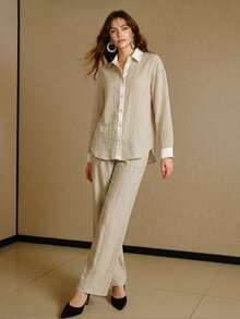MOTF PREMIUM WOMEN'S SPRING SOLID COLOR LINEN-LIKE BAMBOO KNOT PATCHWORK SATIN ELEGANT SHIRT AND PANTS 2 PIECES SET - Khaki - View 1