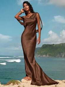 Opulessa Vestido largo sin espalda de unicolor tejido para mujeres - Marrón - Ver 4