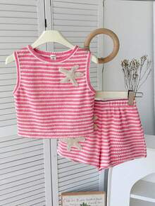 SHEIN Tween Girl Casual Comfortable Round Neck Sleeveless Starfish Decor Striped Tank Top And Shorts 2-Piece Set - Hot Pink - View 3