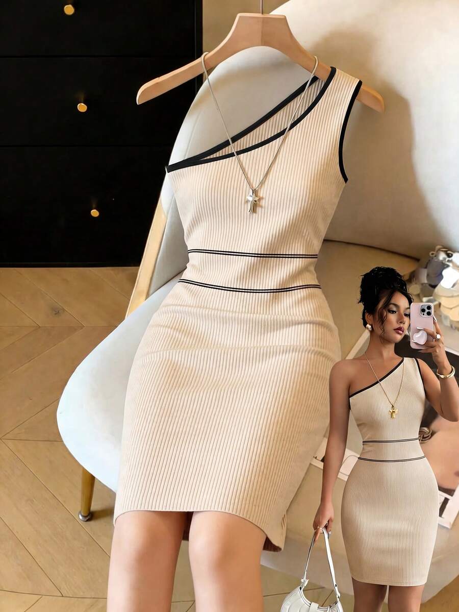 Franclia Đầm nữ ôm dáng, gợi cảm, cổ lệch bất đối xứng, phối màu, chất liệu gân sọc, thích hợp cho mùa hè, mùa xuân, ngày Valentine, những dịp lãng mạn, hẹn hò, đi biển, đám cưới, sinh nhật, dã ngoại, thanh lịch, thường ngày, kỳ nghỉ. - Màu be - Xem 1