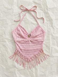 Blusa de uso diario versátil y casual con diseño de metal, cordón y flecos en unicolor para mujer - Rosa - Ver 4