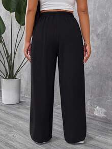 SHEIN PETITE CURVE 大码女式纯色高腰裤，带口袋，适合春季、情人节、毕业典礼、休闲、正式场合、日常生活、通勤、毕业典礼、外出、上学等各种场合，黑色裤子 - 黑色 - 查看 2
