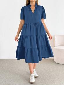 SHEIN Essnce Gaun Midi Biru Lengan Pendek Kasual Longgar Nyaman untuk Wanita Ukuran Plus Musim Semi/Panas, Serbaguna, Cocok untuk Sehari-hari - Biru - View 5
