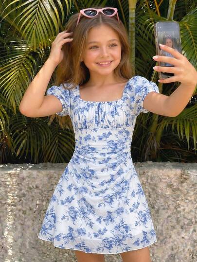 Serisse Kids Tween Girls Spring& Summer/Blue & White Floral Dress/Vacation/Holiday/Vintage//Beach/Sea/Elegant/Dresses For Girl/Bohemia/Boho Clothing/Sun Dresses For Girls Holiday Outfits