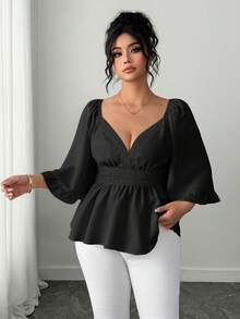 Elenzga Áo kiểu nữ cỡ lớn màu trơn cổ tim ren tan trong nước tay loe hở lưng nơ dáng chữ A thời trang thanh lịch kiểu Pháp lãng mạn thường ngày đi nghỉ mát du lịch hẹn hò đi biển mùa xuân hè - màu đen - Xem 4