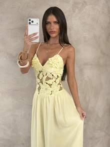 Aloruh Đầm chiffon ôm dáng thanh lịch dành cho nữ, viền ren tan trong nước, màu vàng nhạt. - Vàng nhạt - Xem 7