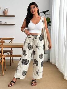 Enliva Plus Size Women's Casual Vacation Pants, Ocean Pattern Trousers, For Apple And Rounded Body Shape Beach Black And White Summer - Green - View 4