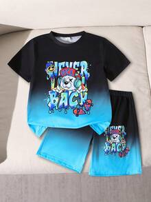 SHEIN Tween Boy Letter & Cartoon Bear Print Short Sleeve T-Shirt And Shorts Casual Set - Multicolor - View 3