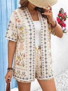 Vivid Eden Women's Summer Boho Tropical Floral Print 2 Pieces Set Open Front Kimono Top And Drawstring Shorts Outfits Beige Beach Vacation Holiday Outfits - Apricot - View 6