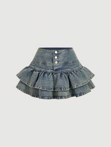 SHEIN Tall 女士复古时尚荷叶边休闲短款牛仔迷你裙，夏季 - 霧霾藍 - 查看 5