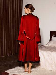 Slumberist Faux Silk Lace Patchwork Criss-Cross Backless Tie Robe & Slip Dress 2 Pieces Set For Women - Red - View 2