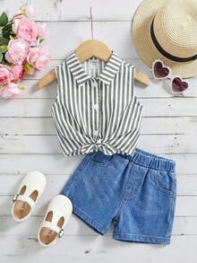 SHEIN Young Girl Woven Striped Cropped Casual Shirt - Green - View 2