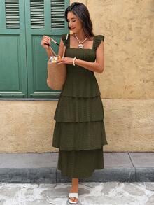 Serisse Vestido elegante de unicolor con cuello cuadrado y mangas cortas para vacaciones - Verde Oliva - Ver 6