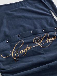 ROMWE Avant Sexy Slogan Print Punk Rivet Low-Cut Bodycon Ruched Camisole - Navy Blue - View 3