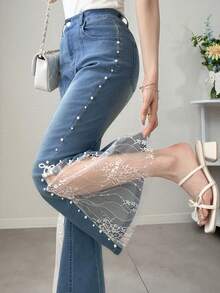 FRIFUL Women's Lace Patchwork Jeans With Pearl Decoration - Blue - View 5