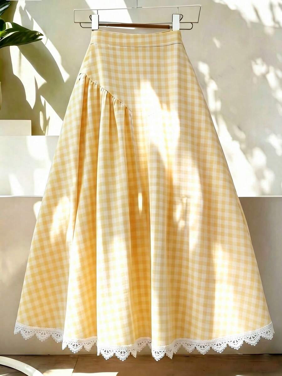 SHEIN Franclia 韩式柔和黄白格纹蕾丝边高腰A字裙,修身喇叭裙摆设计 - 黃色 - 查看 1