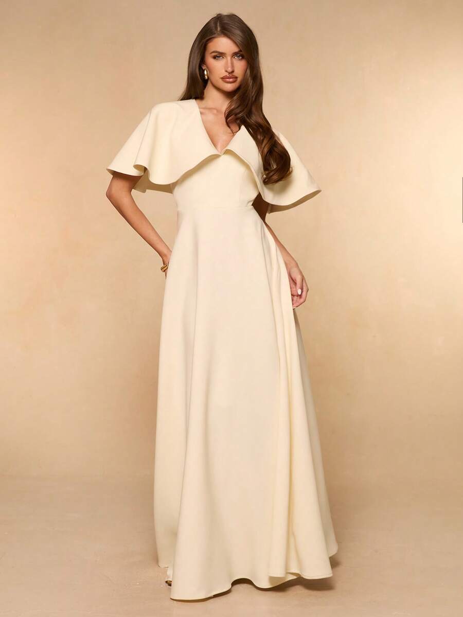 SHEIN BAE Chân váy dài xòe dáng suông màu mơ, cổ chữ V sâu, vai bèo nhún, thích hợp cho mùa xuân/hè. - Màu be - Xem 1