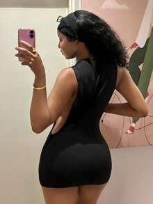 StreetHx Women's Metal Decor Backless Mini Dress,Afro Fashion Outfits, Black Dress - Black - View 2