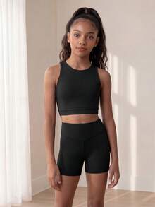 SHEIN Tween Girls Active Top & Shorts Set, Black High Stretch Fabric With Shiny Crystals, Suitable For Gymnastics, Dance Training Workout Outfit - Black - View 5