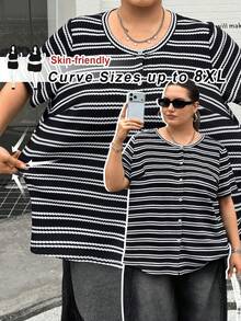 SHEIN CURVE+ 大码女式夏季休闲简约条纹T恤，户外上衣，休闲上衣 - 黑與白 - 查看 9