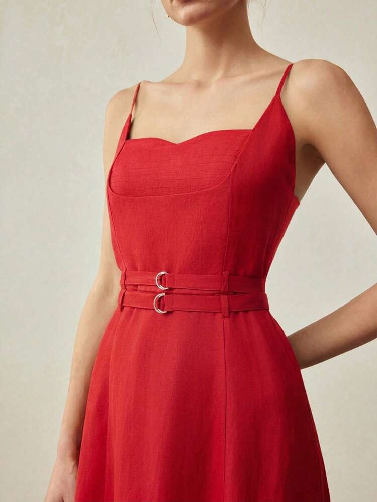 LINEN MINIMALIST ELEGANT DOUBLE WAISTBAND FLARED MIDI DRESS, SPRING/SUMMER