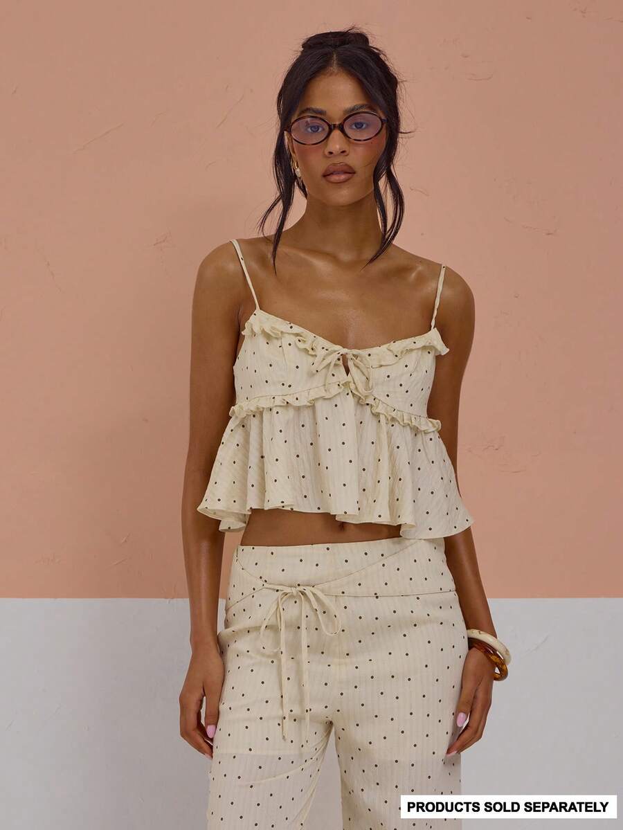 MUSERA Áo kiểu cổ tròn, thắt nơ, khoét ngực, bèo nhún, chấm bi, chỉ mặc áo, gợi cảm, dễ thương, mùa xuân hè, đi nghỉ mát, đi chơi, nữ tính, cá tính, trả phòng muộn. - Màu Khaki - Xem 1