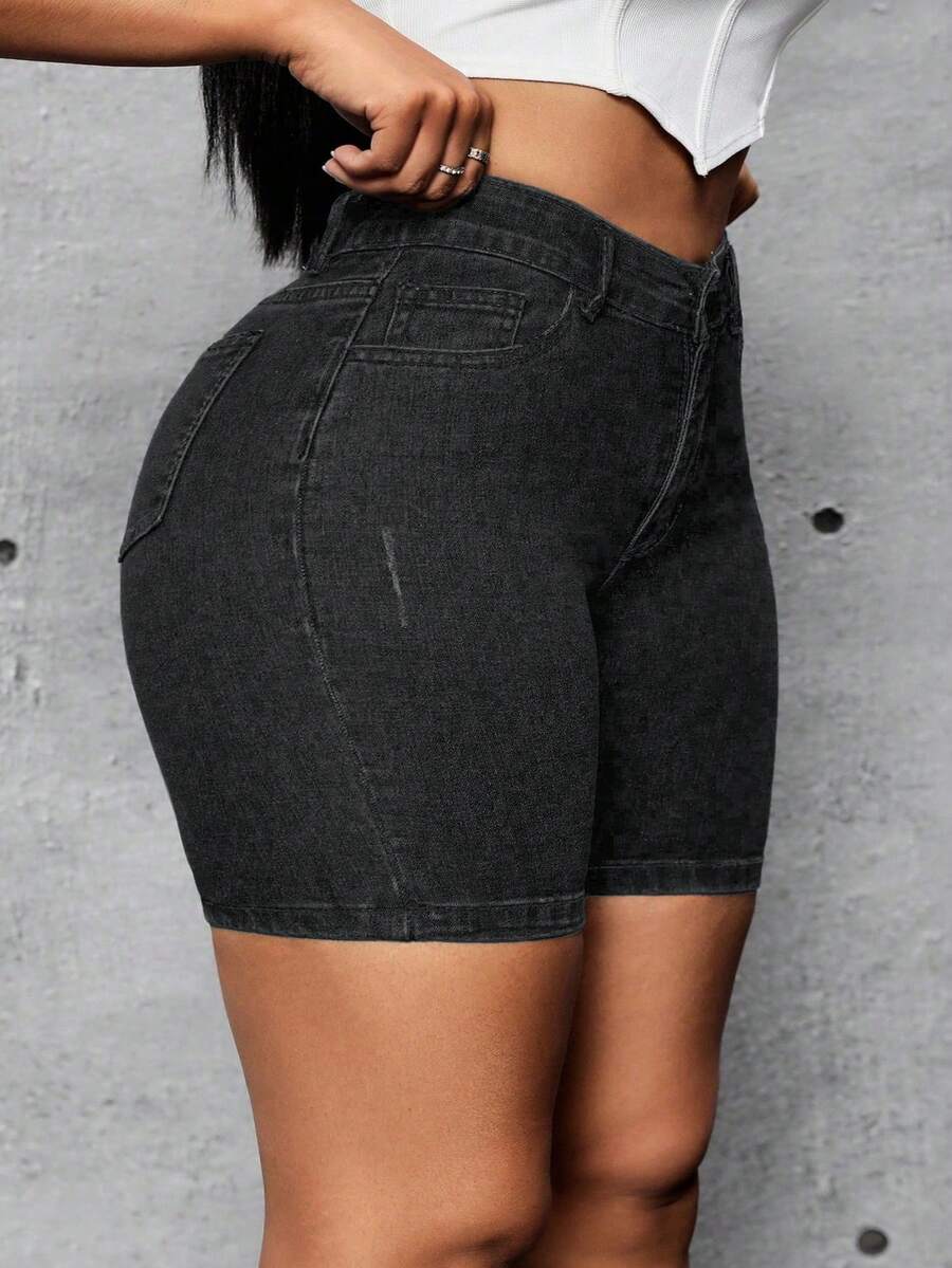 SHEIN SXY Shorts vaqueros de talla grande, ajuste ceñido casual, primavera/verano - Gris Claro - Ver 1