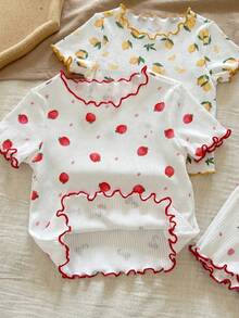 SHEIN LMoss Kids Dozemod 女嬰 4 件組可愛花卉印花荷葉邊圓領短袖上衣與短褲休閒舒適睡衣套裝，夏季 - 彩色 - 查看 5