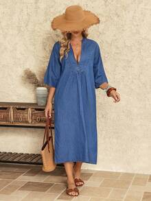 EMERY ROSE Women's Solid Color Drop Shoulder Short Sleeve Half-Placket Pleated Loose Denim Dress, Autumn Holiday Vacation Blue Boho - Blue - View 8