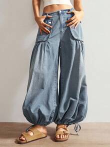 Bohemela Jeans jogger a vita alta e vestibilità ampia per donna taglie forti, pantaloni harem in denim blu scuro, casual estivi per vacanze, primavera, spiaggia e vacanze, stile Y2K - Lavaggio chiaro - Visualizzare 5