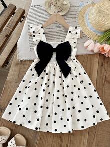SHEIN Đầm dệt chấm bi cho bé gái, cổ vuông, xếp ly, nơ sau lưng, kiểu dáng thường ngày. - Nhiều màu - Xem 5