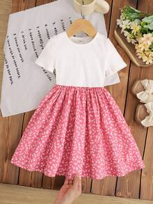 SHEIN Young Girl Knitted Solid Color Round Neck Patchwork Chiffon Floral Hem Casual Dress - Pink - View 2