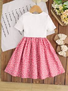 SHEIN Young Girl Knitted Solid Color Round Neck Patchwork Chiffon Floral Hem Casual Dress - Pink - View 6