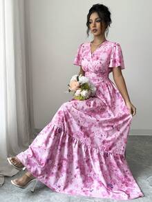 Elenzga Robe longue évasée à taille cintrée, col V, manches courtes, motif floral rose. Convient pour les sorties, les tenues décontractées, les vacances, la plage. Style mature et léger, pour le port quotidien, les anniversaires, les mariages, les nouvelles robes d'été, les tenues de bureau élégantes. - Multicolore - Voir 1